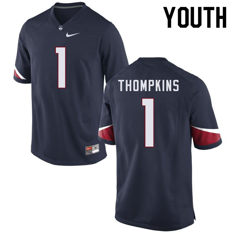 Youth #1 Art Thompkins Uconn Huskies College Football Jerseys Sale-Navy - Click Image to Close